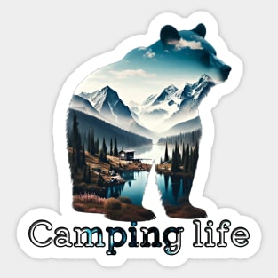 Camping life, double exposure, silhouette of a bear and mountains scenery design Sticker